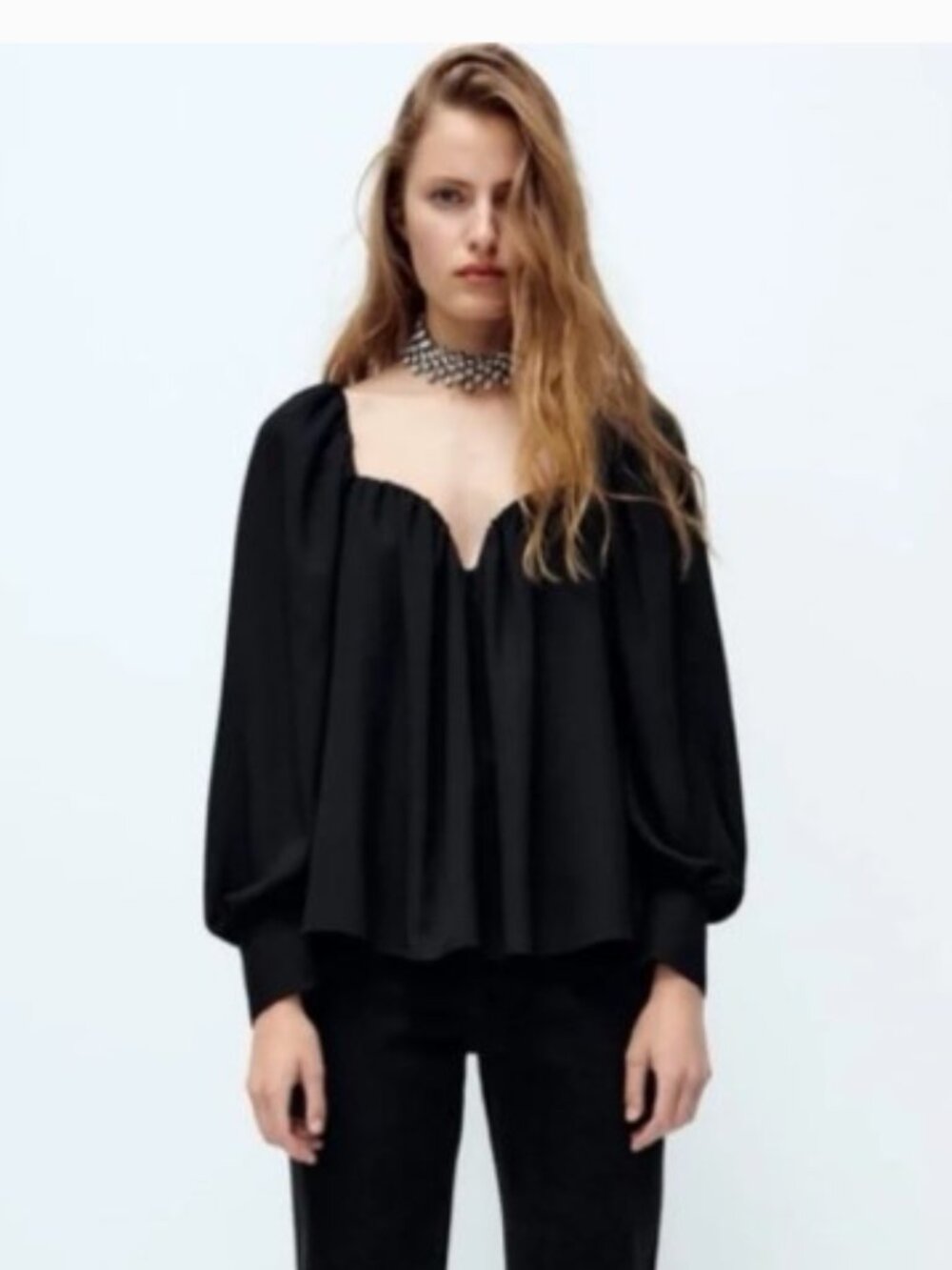 Zara Black Puff Sleeve Wired Sweetheart Neckline Peplum Blouse Size Large